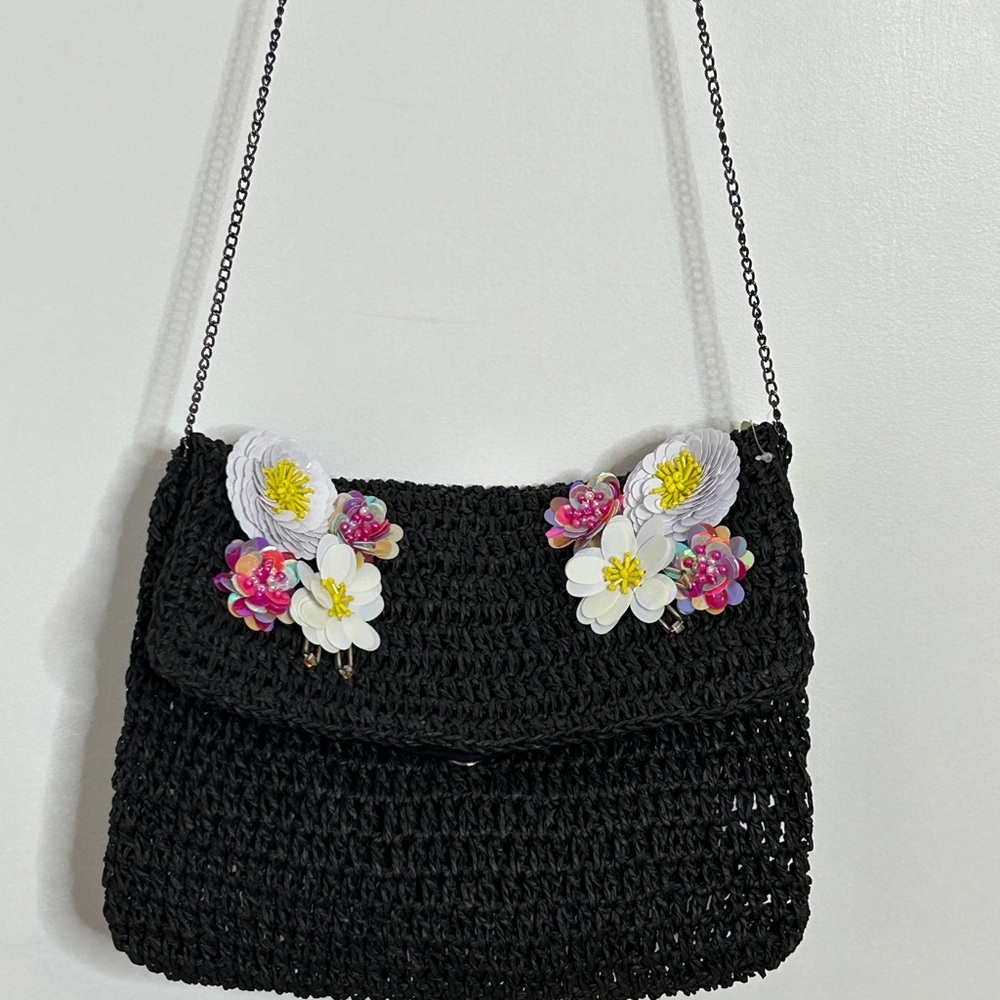 Bay Sky Black Straw Purse Beads and Sequin Flowers Chain Strap Kentucky Derby